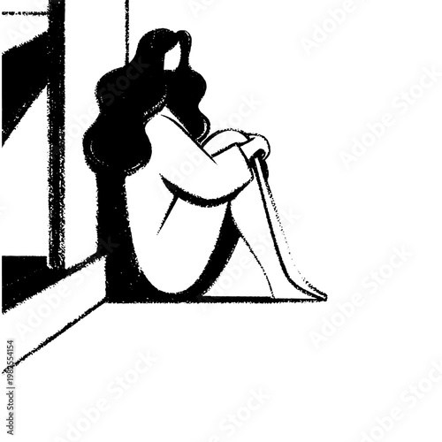 Minimalist black and white illustration of a pensive woman sitting alone, knees drawn up, depicting solitude and reflection on a white background isolated