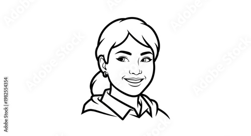 Smiling woman with ponytail looking at the viewer in black and white.