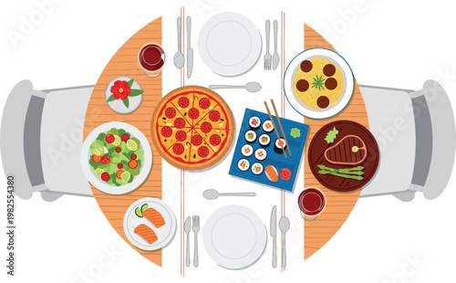 Dining Table Top View with Pizza Sushi Salad and Dishes Restaurant Meal Flat Vector Illustration Design