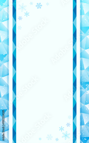 水色のポリゴン背景と雪の結晶の長方形フレーム_縦