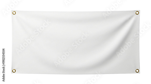 Blank white fabric banner with gold grommets isolated on transparent background