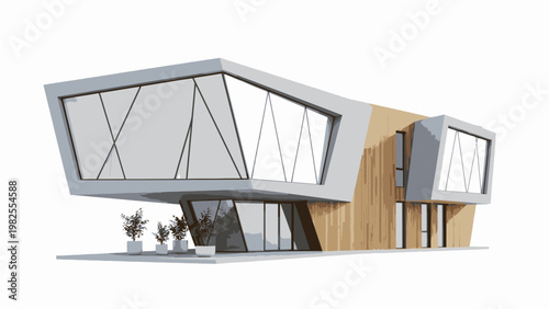 Modern house with angled roof and large windows on a white background, showcasing wood and metal exterior with minimalist landscaping.