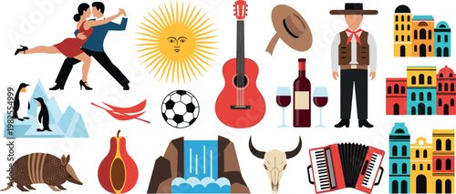Argentina culture icons set with tango dance guitar mate wine gaucho landmarks animals and traditional symbols vector illustration