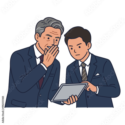 Illustration of an elderly businessman whispering secret information to a young male colleague while looking at a digital tablet together