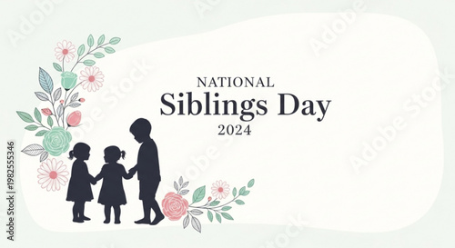 National siblings day 2024 vector art with children and floral border