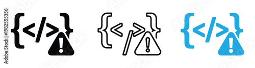 Code error icon. variations of code bracket symbols with a slash in the center displayed as black line. Coding error icon set with warning signs and beakers Vector illustration
