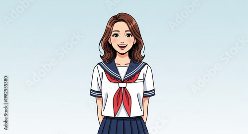 Smiling schoolgirl in uniform with brown hair and red bow.