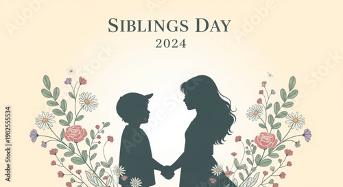 Brother and sister silhouette in floral border for Siblings Day 2024