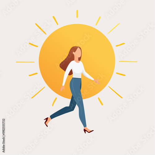 Energetic Woman Embracing a New Day with Optimism and a Radiant Sun Behind Her