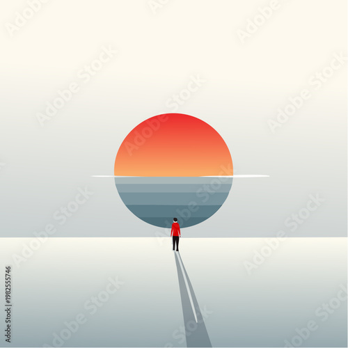 A solitary figure journeys towards the vibrant sun on the distant horizon, embracing a moment of profound serenity