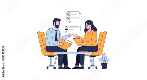 A bearded man and a woman sit in office chairs, discussing a resume or project with speech bubbles and documents representing an interview.