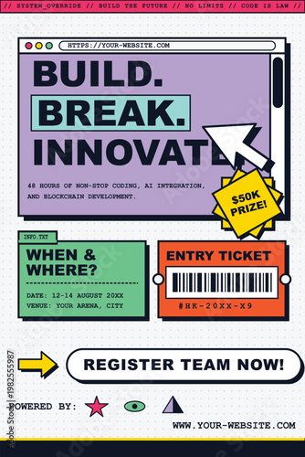 Hackathon event poster design with retro computer interface style