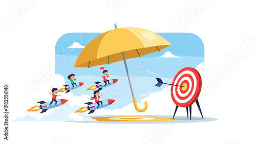 Group of small children fly on blue rockets toward a red and white target while being protected by a giant yellow umbrella in the sky.