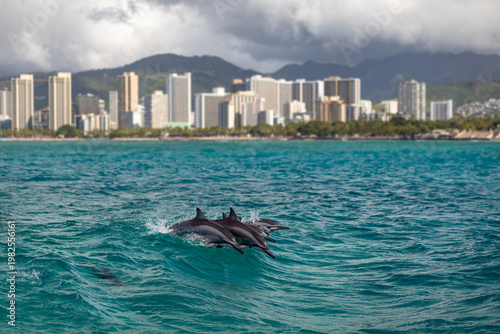 Honolulu Hawaii with Hawaiian spinner dolphin jumping in the wake of a boat
