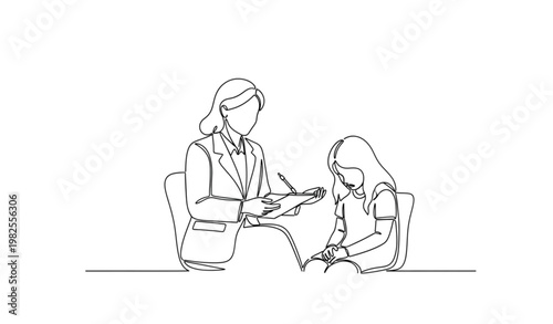 One line woman psychologist counseling depressed girl minimal mental health vector illustration