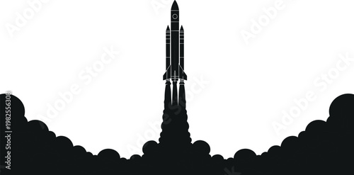 Rocket Launch Silhouette Space Shuttle Takeoff Smoke Clouds Aerospace Technology Vector Illustration