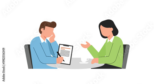 A professional man and woman are sitting at a table for a meeting or interview, with the man taking notes on a clipboard while they talk.