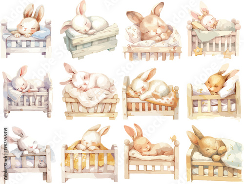Watercolor Sleeping Bunny in Baby Crib Clipart