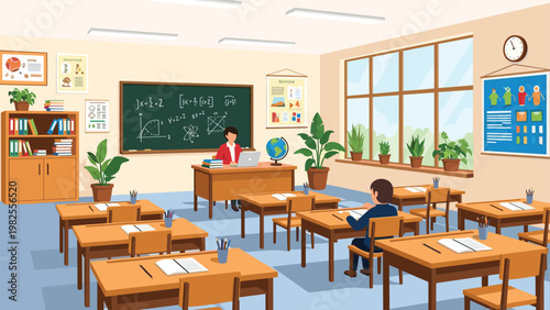 Teacher in a red jacket works at her desk in a modern classroom while one student sits at a desk studying under educational posters.