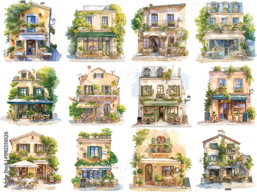 Watercolor European Storefront and French Cafe Clipart