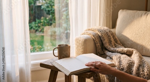 Photography Close up of a hand on an open book next to a steaming coffee mug by a sunlit win