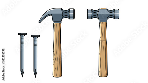 Selection of carpentry tools featuring a claw hammer, a ball-peen hammer, and two steel nails for construction and DIY projects.