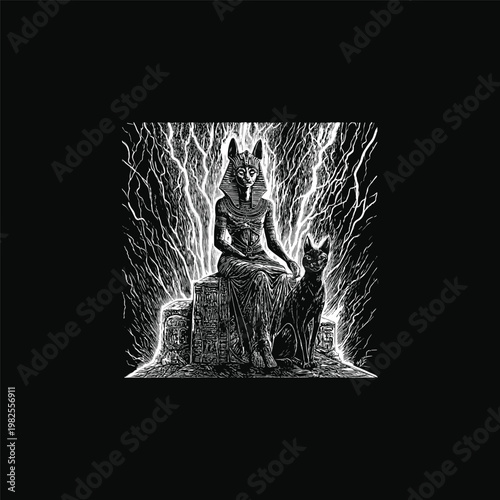 illustration of the Egyptian cat goddess Bastet seated on a throne with a black cat beside her