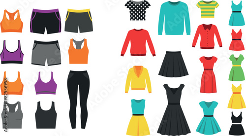 Women clothing and sportswear collection with dresses tops leggings and fitness outfits isolated on white background for fashion and apparel design