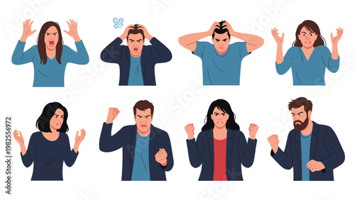 Collection of diverse people expressing intense anger, frustration, and stress through aggressive gestures and various facial expressions.