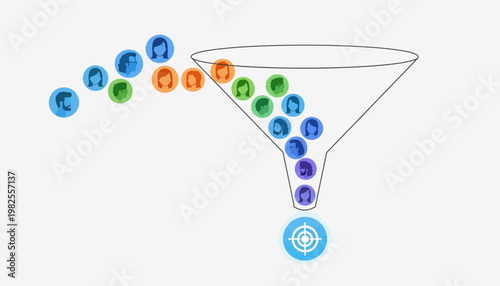 Sales funnel illustration showing customer journey from awareness to conversion with target icon