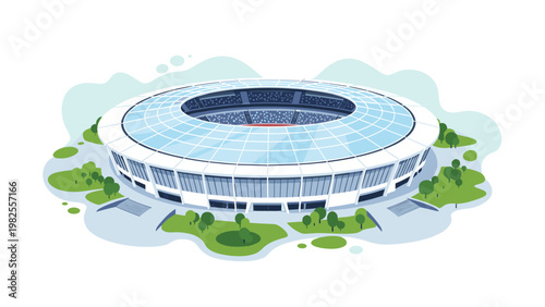 Large modern sports stadium architecture featuring a blue glass roof and surrounding park areas with green trees and walking paths.