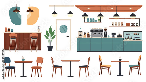 Set of modern cafe interior design elements featuring a service counter, tables, chairs, coffee machines, and stylish lighting fixtures.