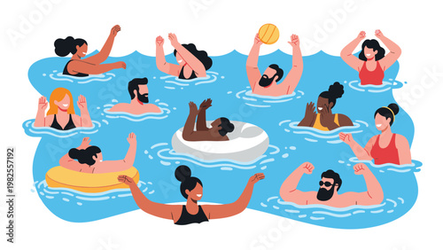 Happy group of diverse people enjoying leisure time swimming, playing with a ball, and floating in a blue swimming pool.