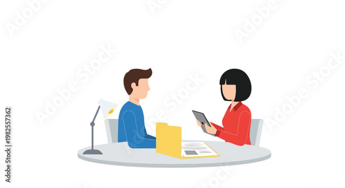 A man and a woman sit at a round table for a job interview or meeting, featuring documents, a tablet, and a desk lamp in a minimalist style.