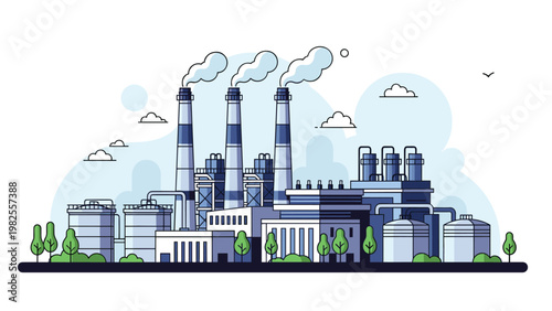 Large industrial factory complex featuring tall smoking chimneys, storage tanks, and various processing buildings surrounded by small trees.