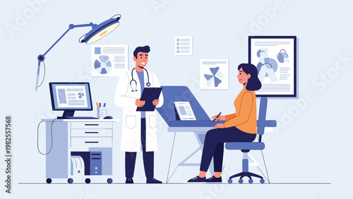 Female patient sitting in an office chair and consulting with a male doctor in a white coat in a modern medical examination room.