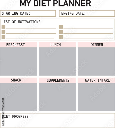 Personal diet planner template with meal tracking sections for breakfast lunch dinner snacks and water intake monitoring