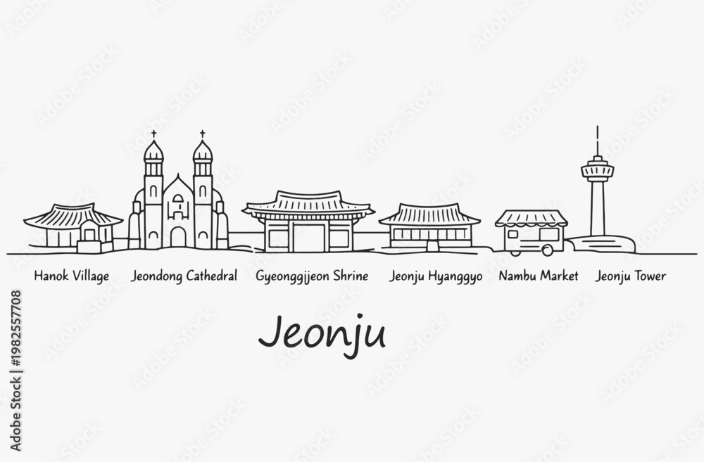 Obraz premium Flat Design one line without breaking the Jeonju city.