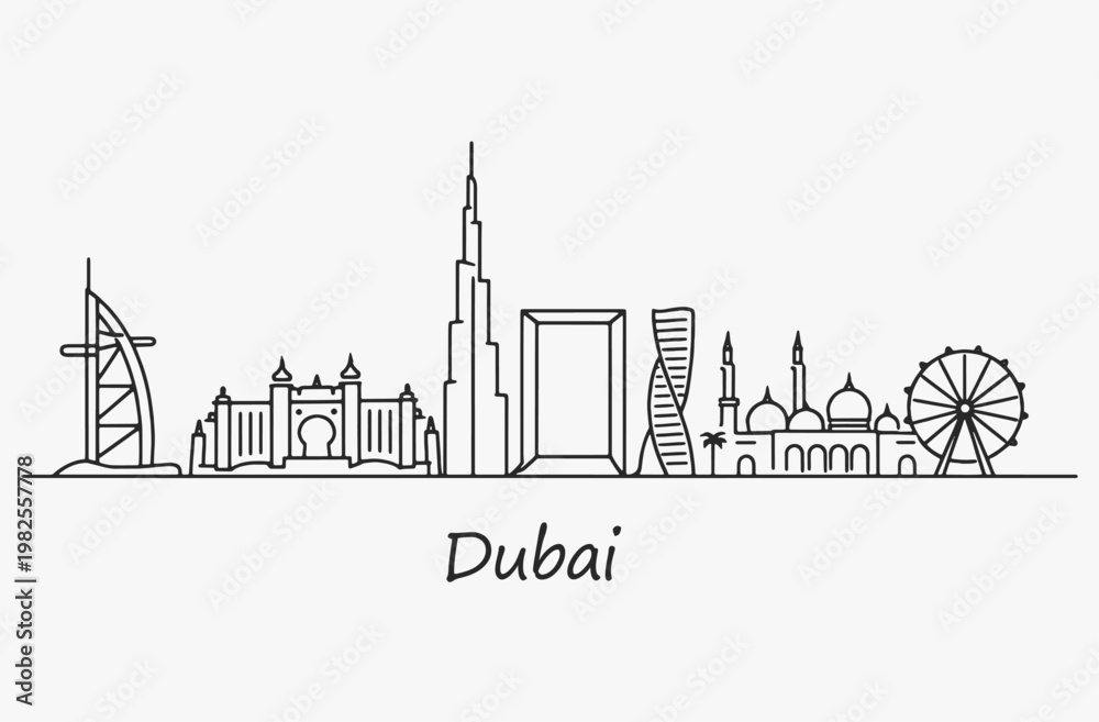 Fototapeta premium Flat Design one line without breaking the Dubai city.