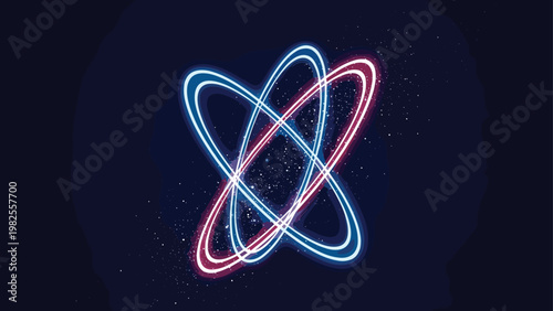 Abstract scientific visualization of an atom-like structure featuring glowing blue and red elliptical rings on a dark blue background.