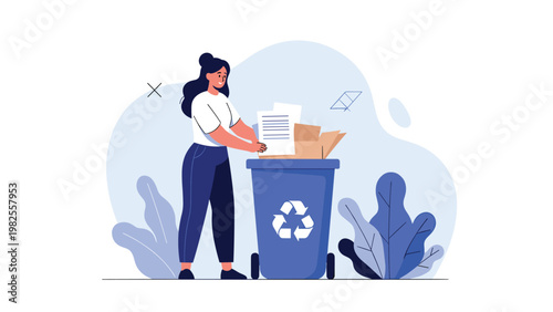 Responsible woman standing and placing several sheets of paper into a large blue recycling bin with the universal recycle symbol.
