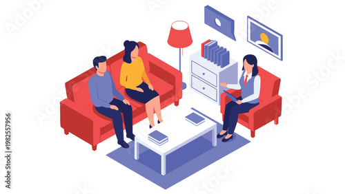 Isometric view of a young couple sitting on a sofa and having a consultation with a female advisor in a comfortable living room.