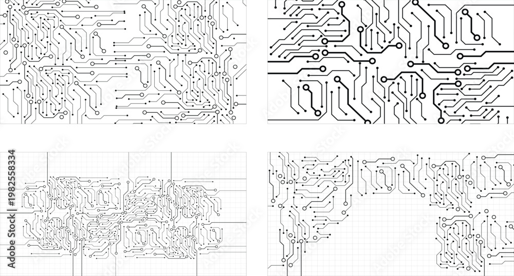 Obraz premium Abstract black and white circuit board pattern set.