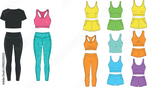 Women sportswear collection with fitness outfits including leggings crop tops and activewear sets isolated on white background for gym and workout design