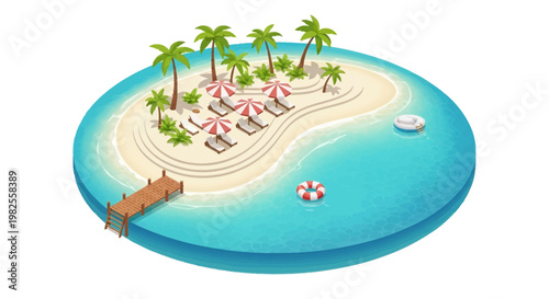 Isometric illustration depicts a tropical island paradise with palm trees, lounge chairs under umbrellas, and clear turquoise water, rendered in a bright, cheerful style against a clean