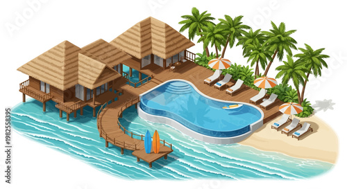 Isometric illustration of a tropical resort featuring bungalows on stilts connected by a wooden walkway, a freeform swimming pool, beach chairs, palm trees, and surfboards, set
