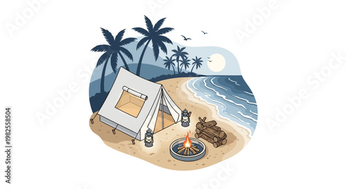 Illustrated camping scene shows a white tent with lanterns near a bonfire on a sandy beach with palm trees and ocean waves under the sun in a tranquil, hand-drawn style illustration