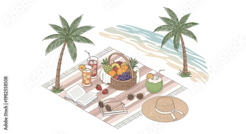 Overhead isometric illustration shows a beach picnic scene with a basket of fruit and drinks arranged on a striped blanket between palm trees, creating a bright and summery mood