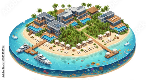 Overhead isometric illustration of a luxury island resort with villas, docks, and yachts, set against a clean white background, displaying bright, vibrant colors with a calm and inviting