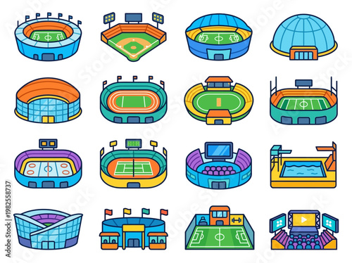 Playful modern flat vector infographic set: diverse sports stadiums, arenas, and recreational venues for global events